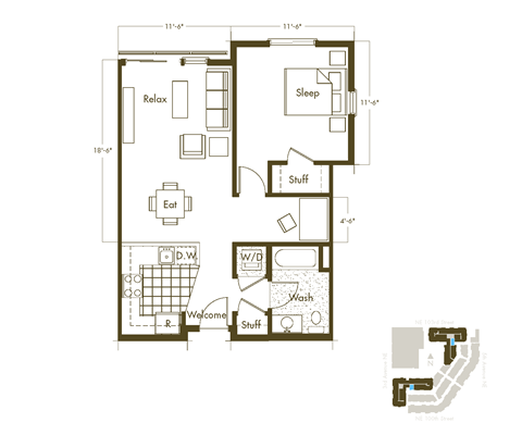Floor plan for 1 bed, 1 bath, 724 sqft